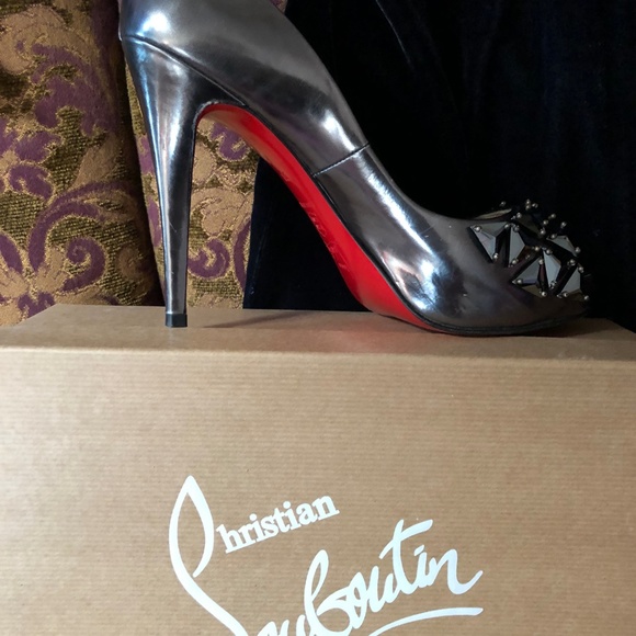 Louboutin Pewter Peep-Toe Studded Pumps - Picture 6 of 8